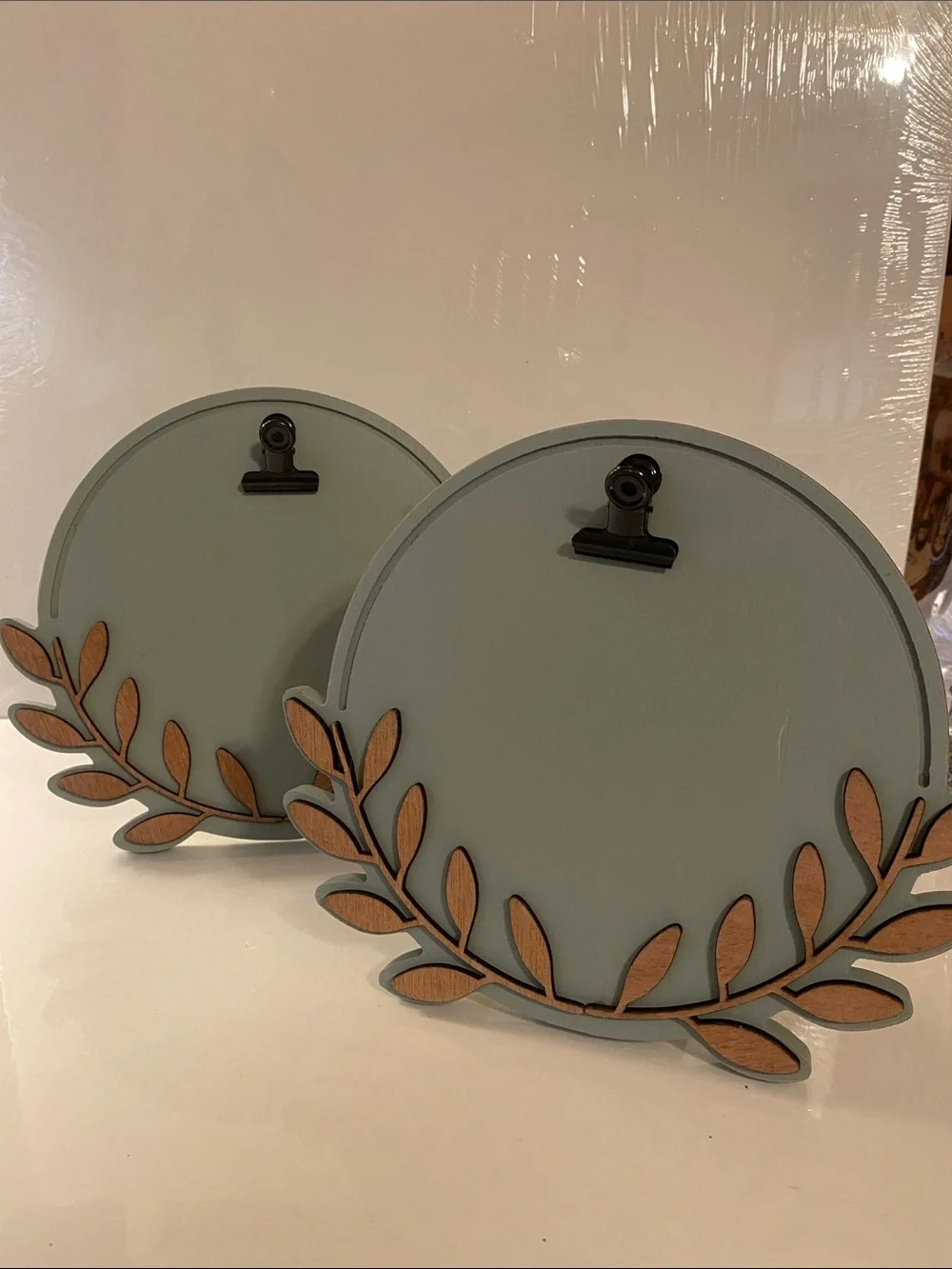Hobby Lobby Sage Green Round Wall Plaques with Wood Leaf Accents
